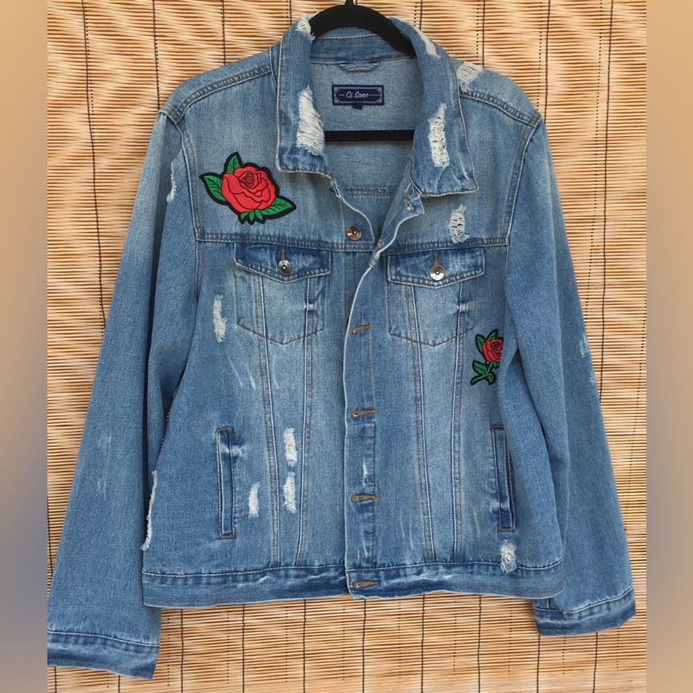 Ci Sono Distressed Classic Blue Jean Jacket Rose Patches Sz XL